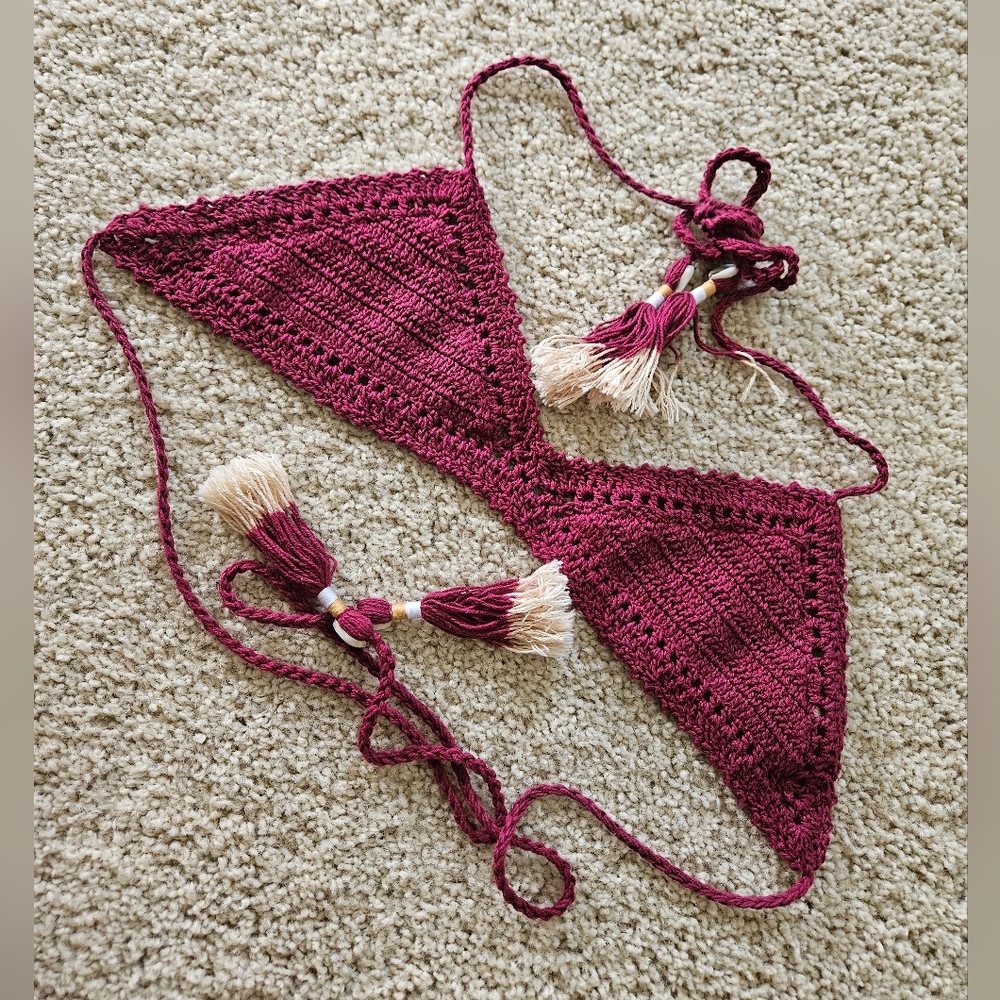 She Made Me Burgundy Crochet Bikini Top